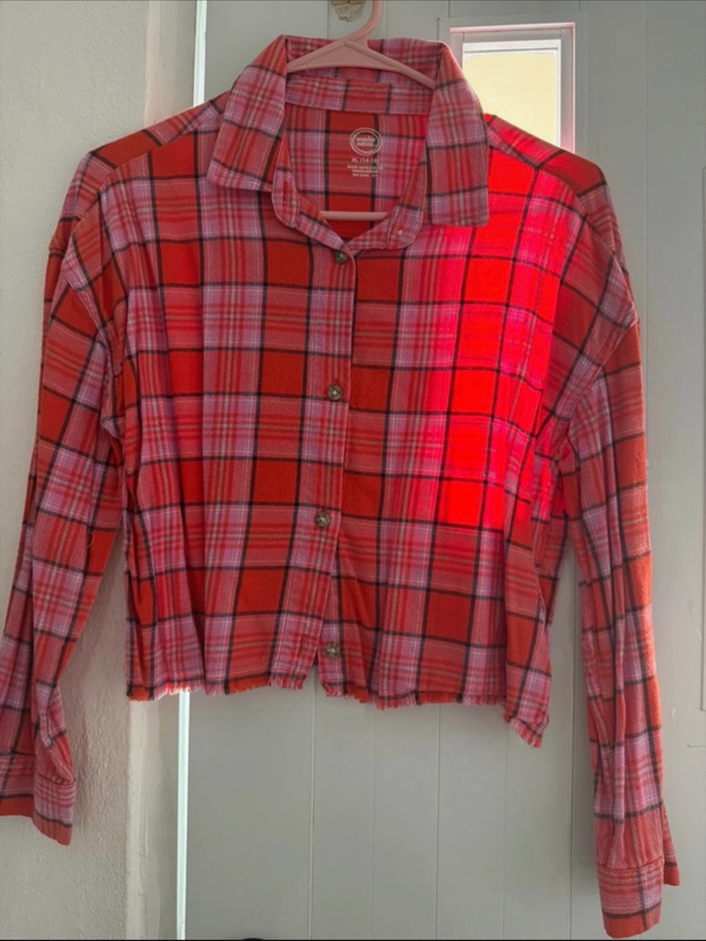 Girls Plaid Button-Front Shirt Jacket - Red & Pink